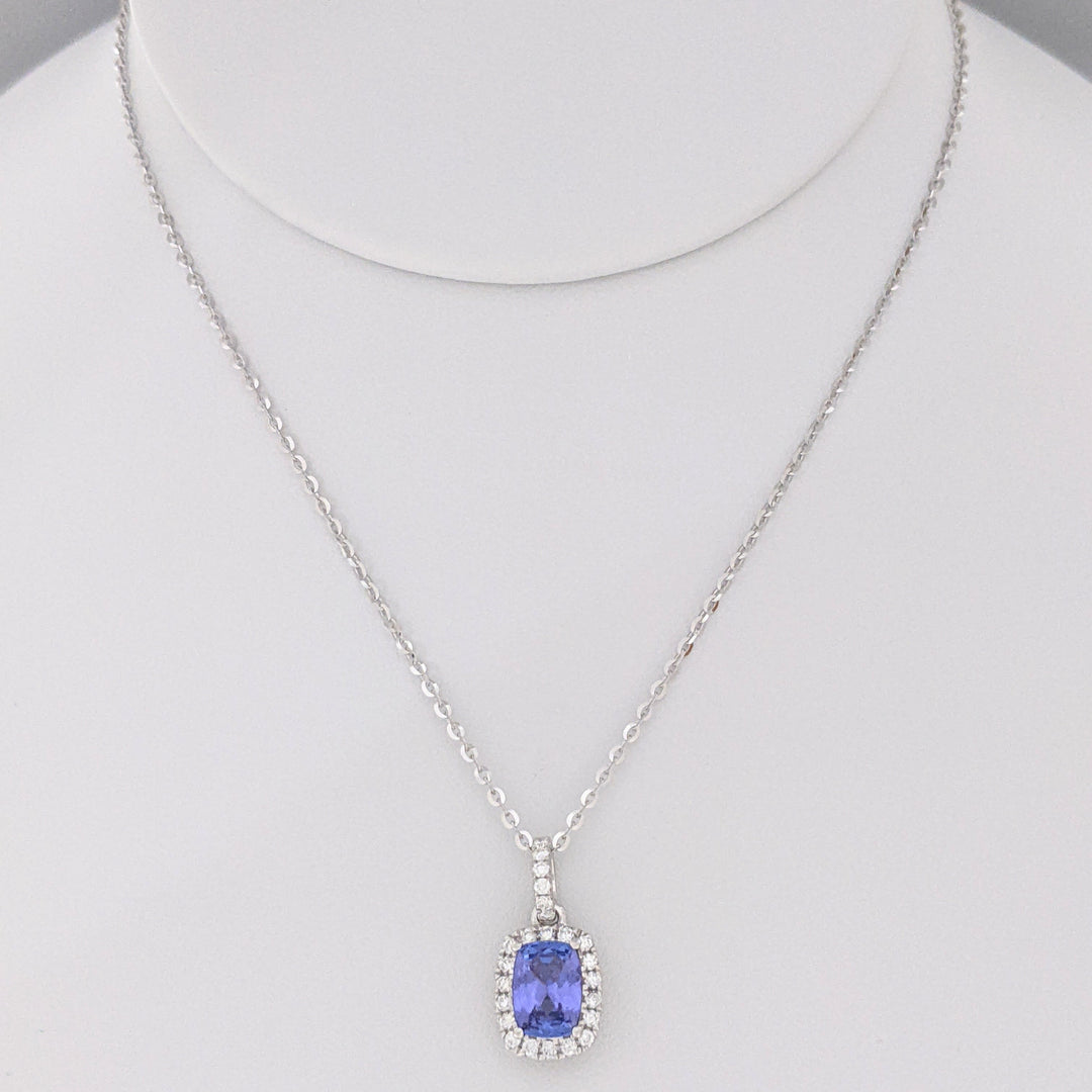 14K WHITE TANZANITE "AA" EMERALD CUT 6X8 WITH .24 DIAMOND TOTAL WEIGHT ESTATE PENDANT & CHAIN 4.0 GRAMS