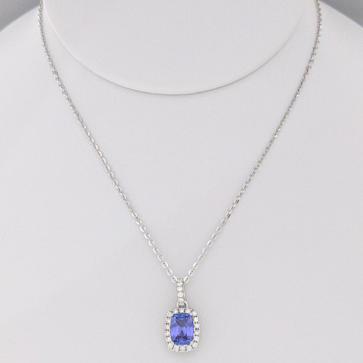 14K WHITE TANZANITE "AA" EMERALD CUT 6X8 WITH .24 DIAMOND TOTAL WEIGHT ESTATE PENDANT & CHAIN 4.0 GRAMS
