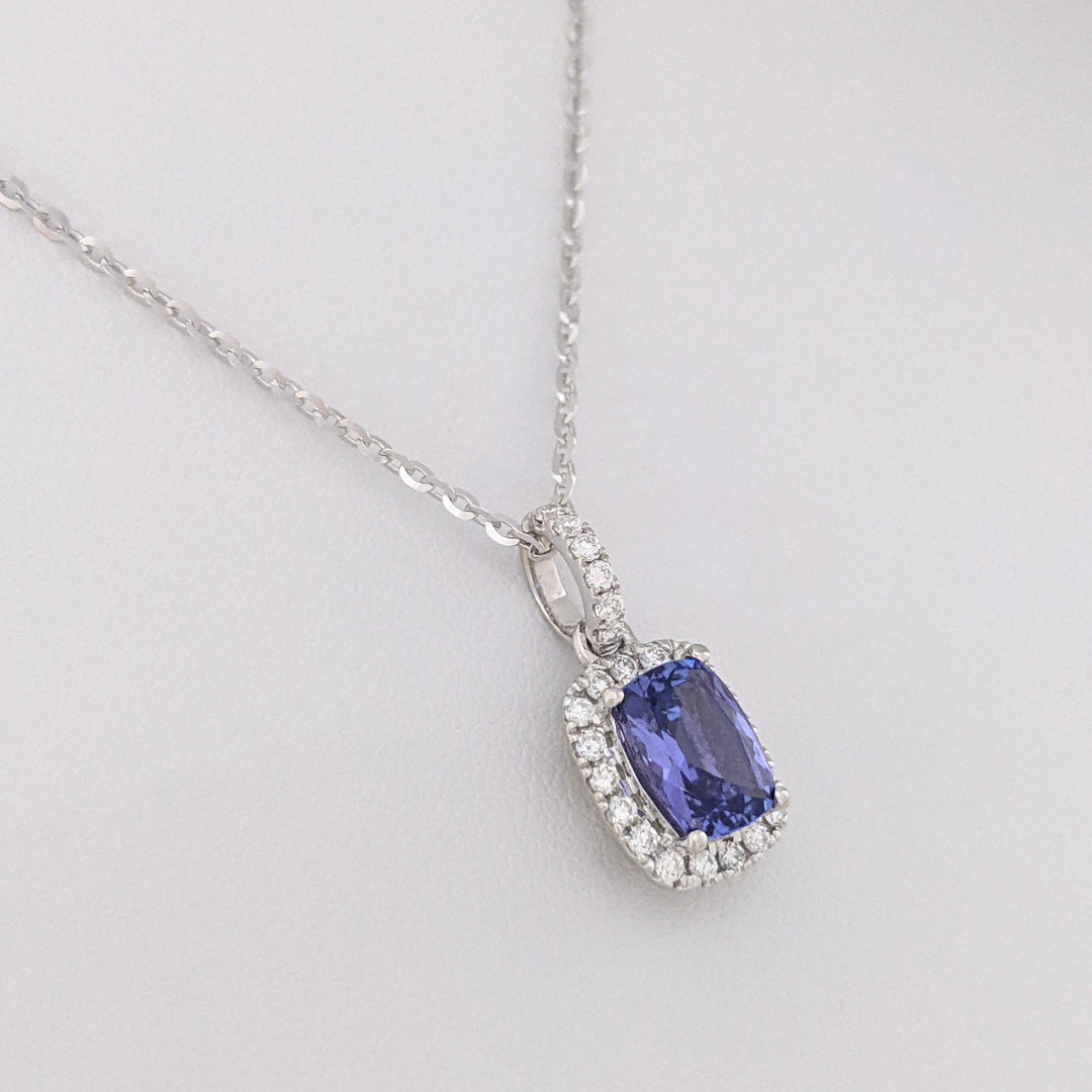 14K WHITE TANZANITE "AA" EMERALD CUT 6X8 WITH .24 DIAMOND TOTAL WEIGHT ESTATE PENDANT & CHAIN 4.0 GRAMS