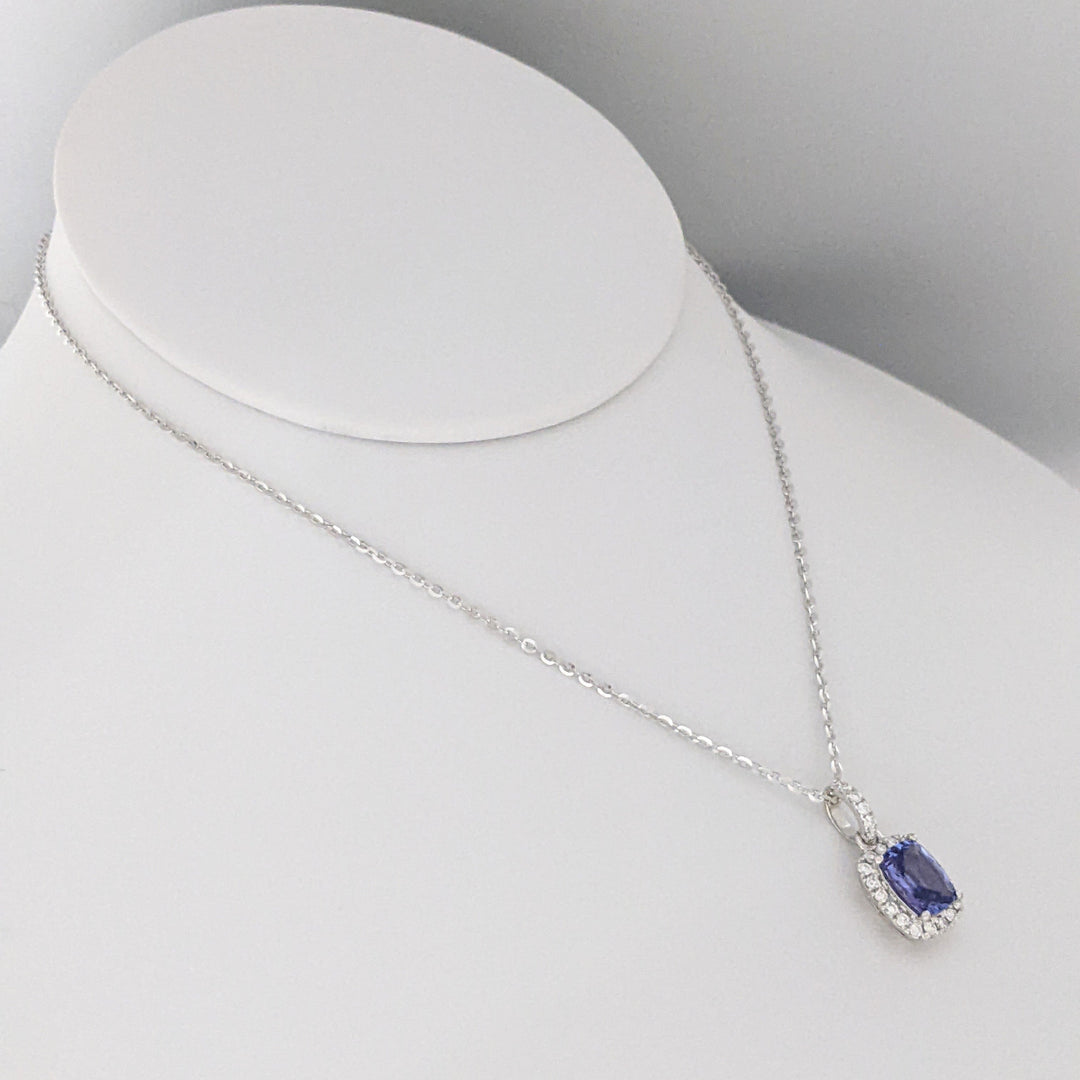 14K WHITE TANZANITE "AA" EMERALD CUT 6X8 WITH .24 DIAMOND TOTAL WEIGHT ESTATE PENDANT & CHAIN 4.0 GRAMS