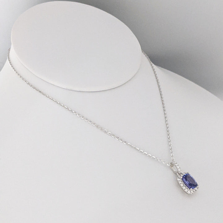14K WHITE TANZANITE "AA" EMERALD CUT 6X8 WITH .24 DIAMOND TOTAL WEIGHT ESTATE PENDANT & CHAIN 4.0 GRAMS