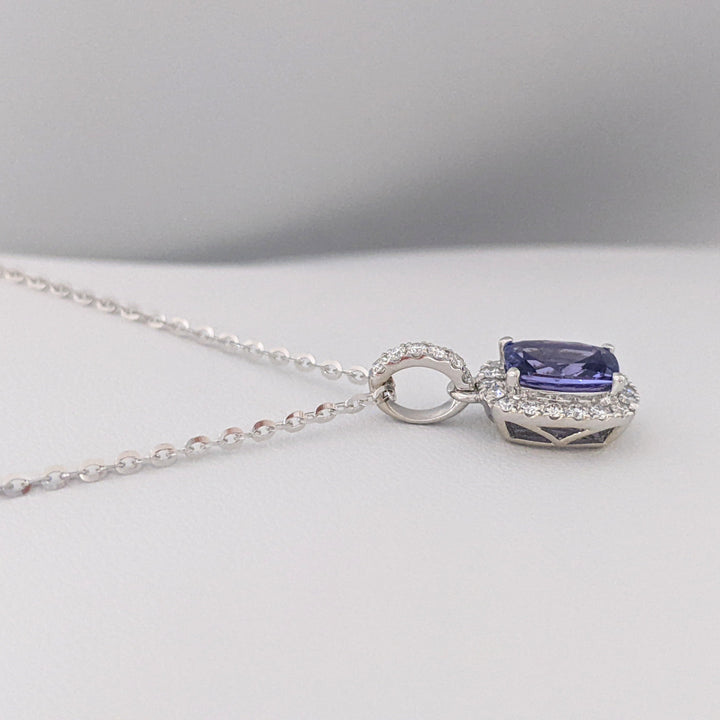 14K WHITE TANZANITE "AA" EMERALD CUT 6X8 WITH .24 DIAMOND TOTAL WEIGHT ESTATE PENDANT & CHAIN 4.0 GRAMS