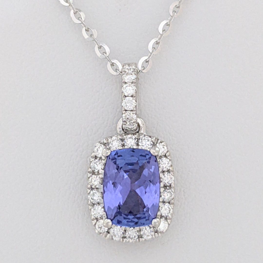 14K WHITE TANZANITE "AA" EMERALD CUT 6X8 WITH .24 DIAMOND TOTAL WEIGHT ESTATE PENDANT & CHAIN 4.0 GRAMS