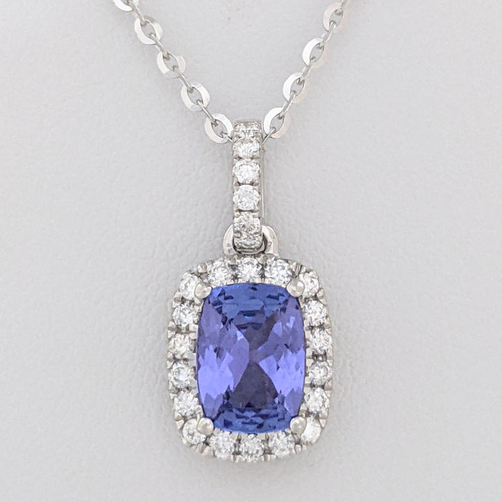 14K WHITE TANZANITE "AA" EMERALD CUT 6X8 WITH .24 DIAMOND TOTAL WEIGHT ESTATE PENDANT & CHAIN 4.0 GRAMS