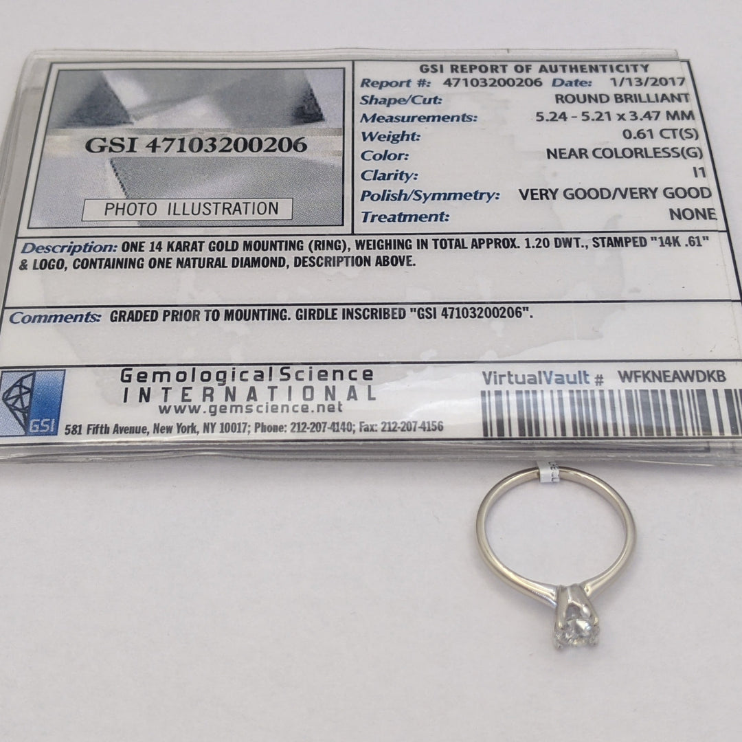 14K WHITE .61 CARAT TOTAL I1 G DIAMOND ROUND ESTATE SOLITAIRE RING 2.1 GRAMS