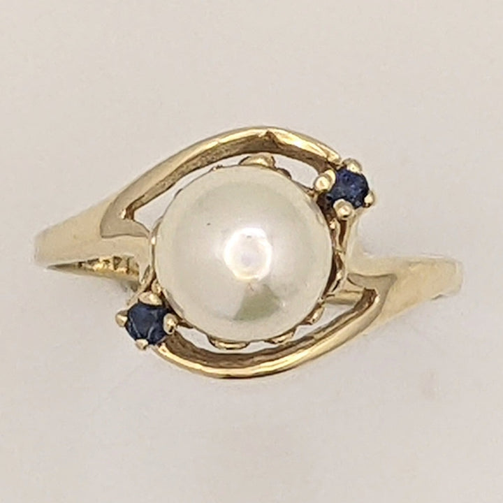 14K PEARL 7MM WITH (2) SAPPHIRE ROUND ESTATE BYPASS RING 2.5 GRAMS