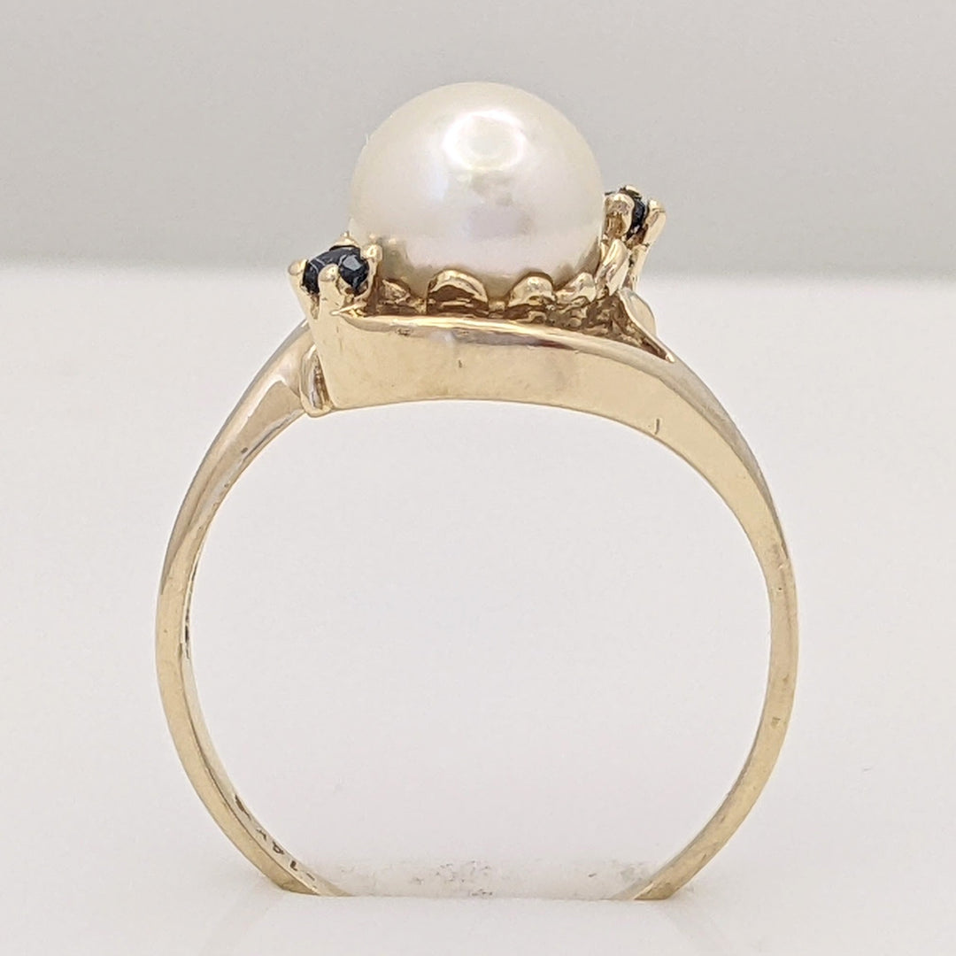 14K PEARL 7MM WITH (2) SAPPHIRE ROUND ESTATE BYPASS RING 2.5 GRAMS