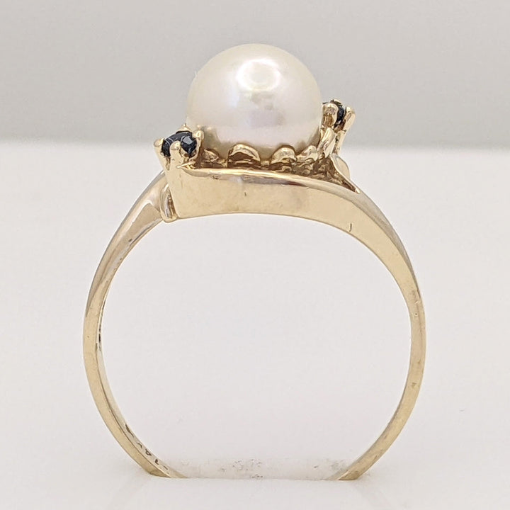 14K PEARL 7MM WITH (2) SAPPHIRE ROUND ESTATE BYPASS RING 2.5 GRAMS