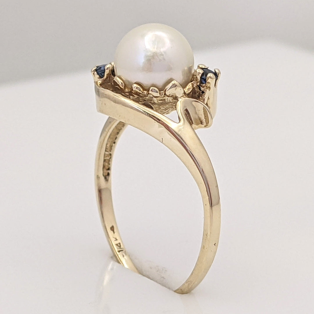 14K PEARL 7MM WITH (2) SAPPHIRE ROUND ESTATE BYPASS RING 2.5 GRAMS
