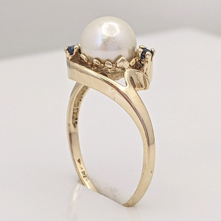 14K PEARL 7MM WITH (2) SAPPHIRE ROUND ESTATE BYPASS RING 2.5 GRAMS