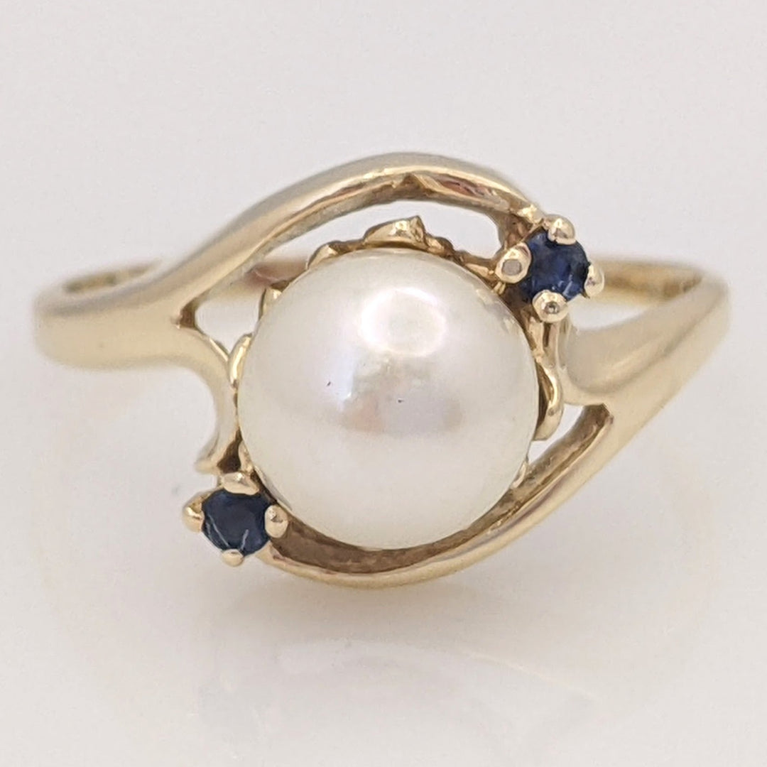 14K PEARL 7MM WITH (2) SAPPHIRE ROUND ESTATE BYPASS RING 2.5 GRAMS