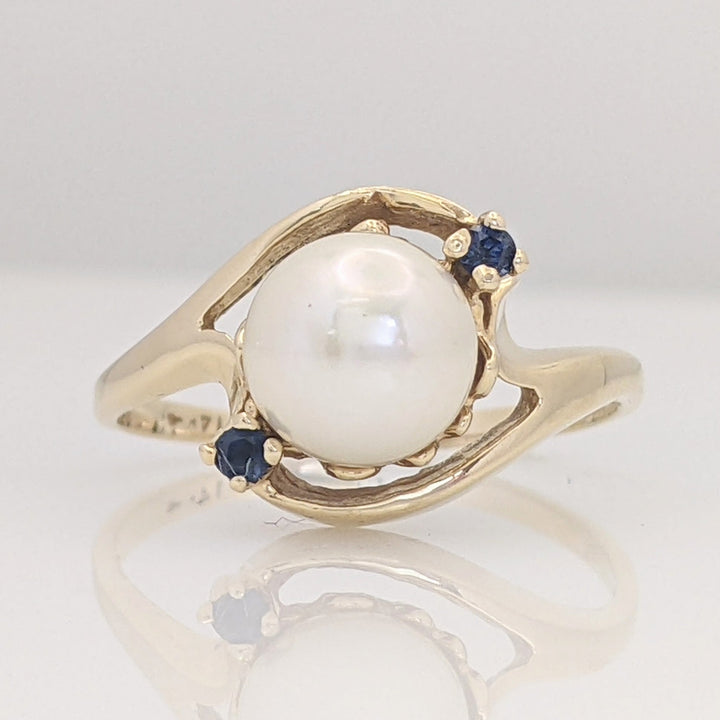 14K PEARL 7MM WITH (2) SAPPHIRE ROUND ESTATE BYPASS RING 2.5 GRAMS