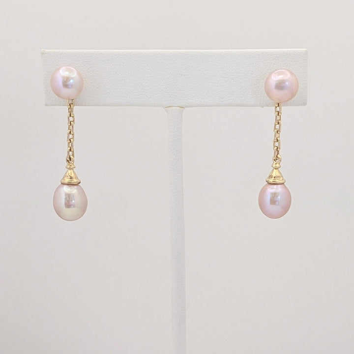 14K PINKISH PEARL ROUND 8MM (4) DROP ESTATE EARRINGS 5.5 GRAMS