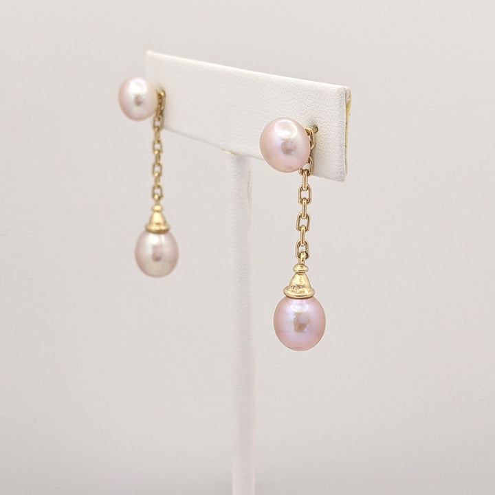 14K PINKISH PEARL ROUND 8MM (4) DROP ESTATE EARRINGS 5.5 GRAMS