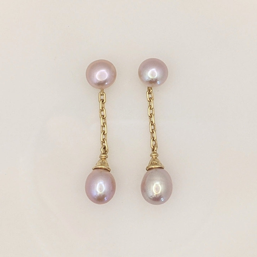 14K PINKISH PEARL ROUND 8MM (4) DROP ESTATE EARRINGS 5.5 GRAMS