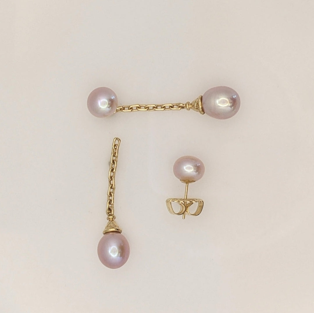 14K PINKISH PEARL ROUND 8MM (4) DROP ESTATE EARRINGS 5.5 GRAMS