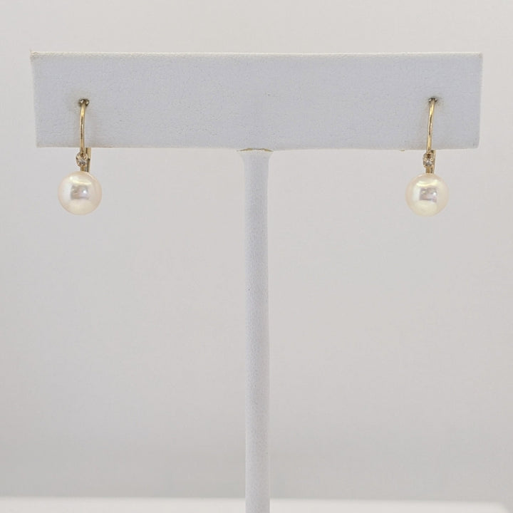 14K PEARL ROUND 6MM WITH MELEE LEVERBACK ESTATE EARRINGS 1.3 GRAMS