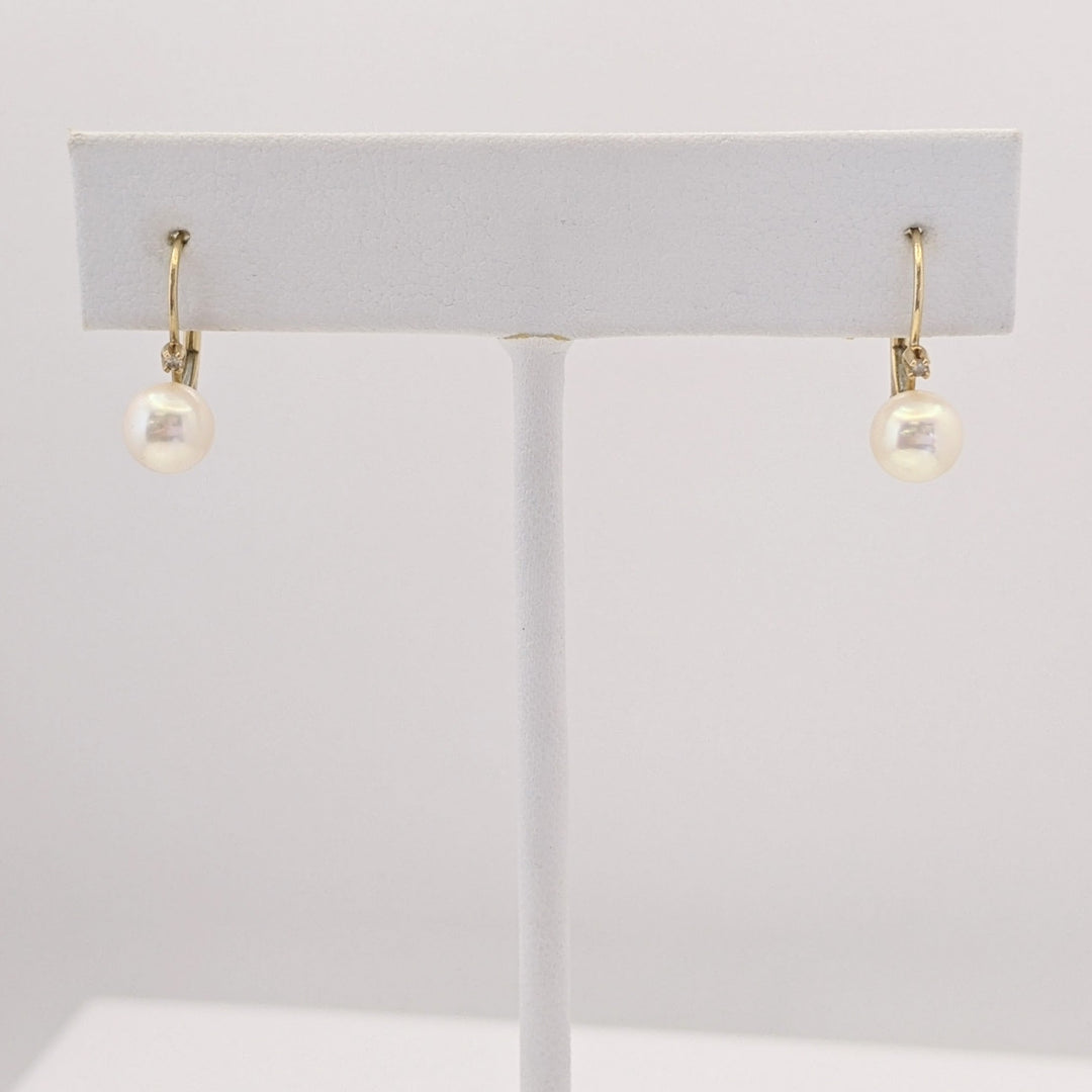14K PEARL ROUND 6MM WITH MELEE LEVERBACK ESTATE EARRINGS 1.3 GRAMS