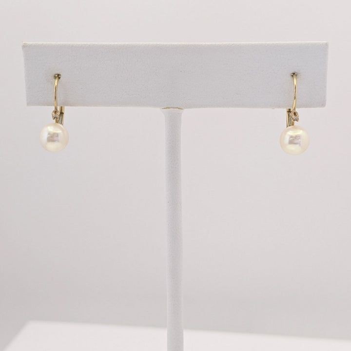 14K PEARL ROUND 6MM WITH MELEE LEVERBACK ESTATE EARRINGS 1.3 GRAMS