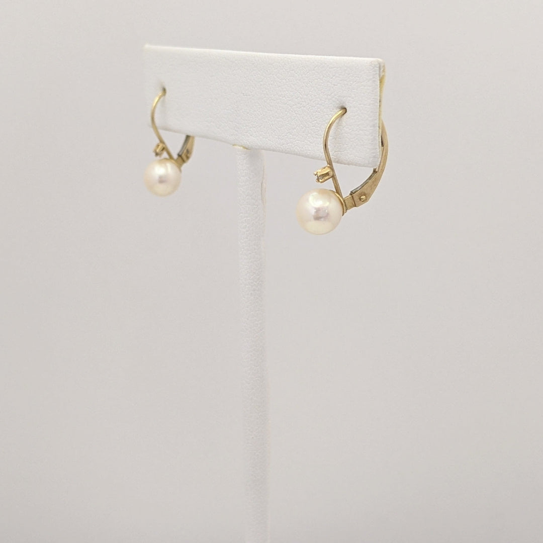 14K PEARL ROUND 6MM WITH MELEE LEVERBACK ESTATE EARRINGS 1.3 GRAMS