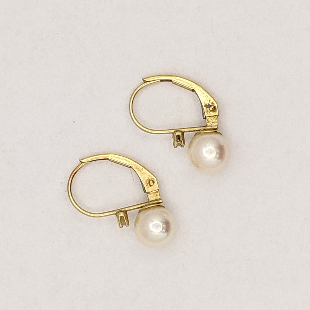 14K PEARL ROUND 6MM WITH MELEE LEVERBACK ESTATE EARRINGS 1.3 GRAMS