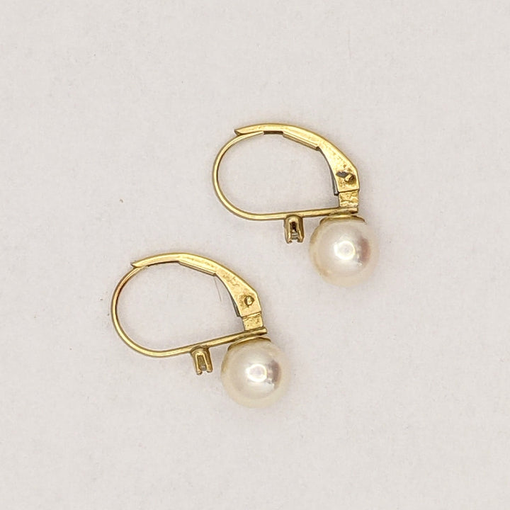 14K PEARL ROUND 6MM WITH MELEE LEVERBACK ESTATE EARRINGS 1.3 GRAMS