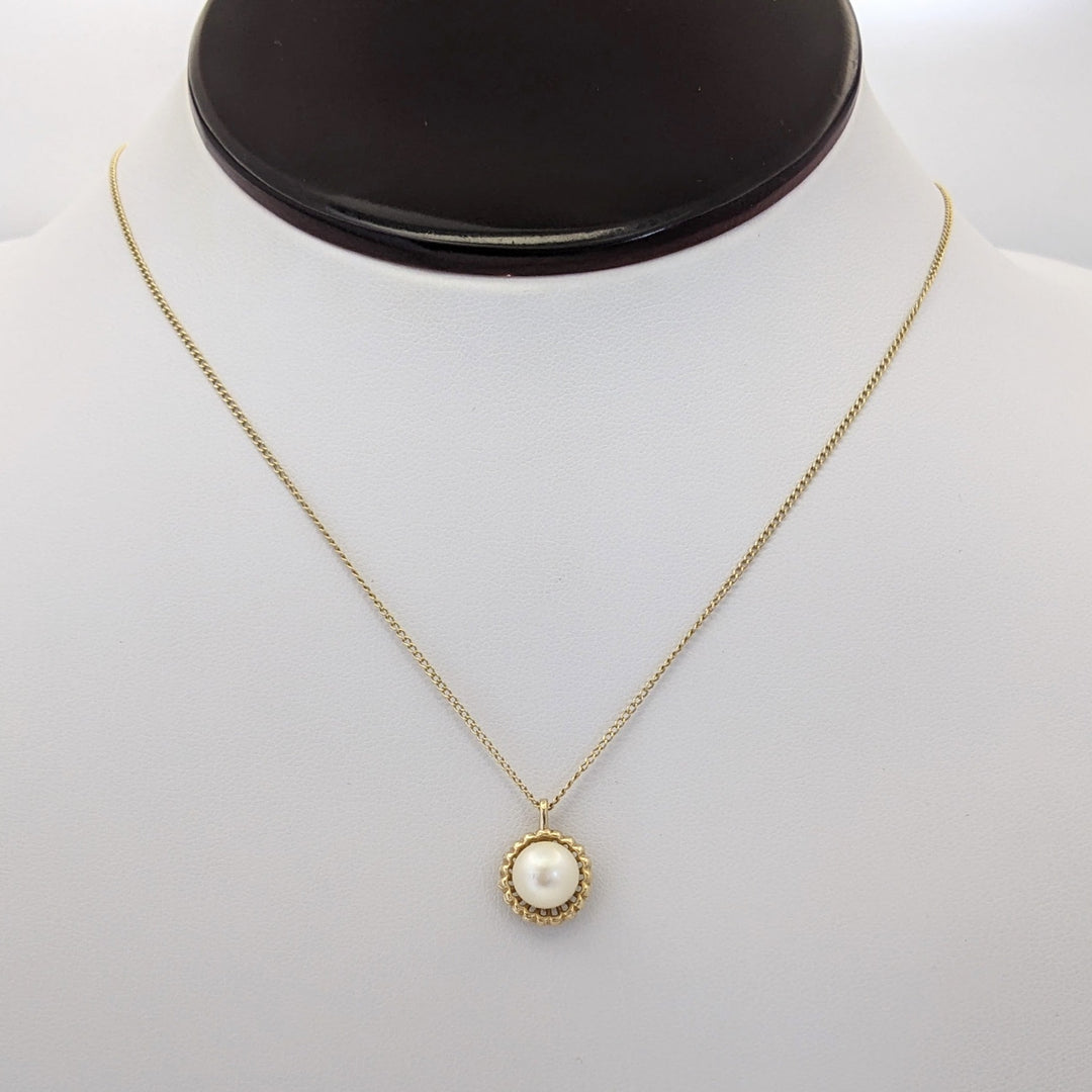 14K PEARL ROUND 7.5MM WITH GOLD TRIM ESTATE PENDANT & CHAIN 2.4 GRAMS