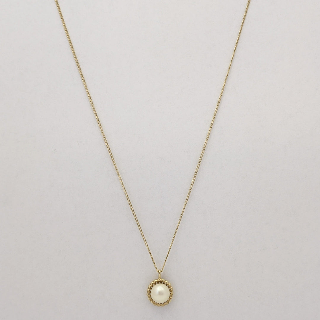 14K PEARL ROUND 7.5MM WITH GOLD TRIM ESTATE PENDANT & CHAIN 2.4 GRAMS
