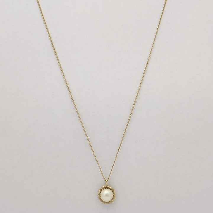 14K PEARL ROUND 7.5MM WITH GOLD TRIM ESTATE PENDANT & CHAIN 2.4 GRAMS