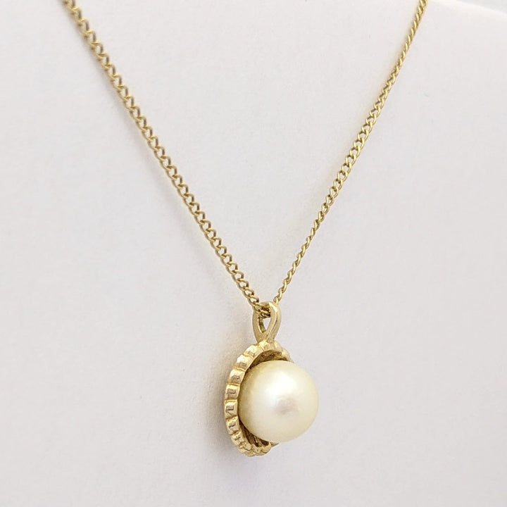 14K PEARL ROUND 7.5MM WITH GOLD TRIM ESTATE PENDANT & CHAIN 2.4 GRAMS