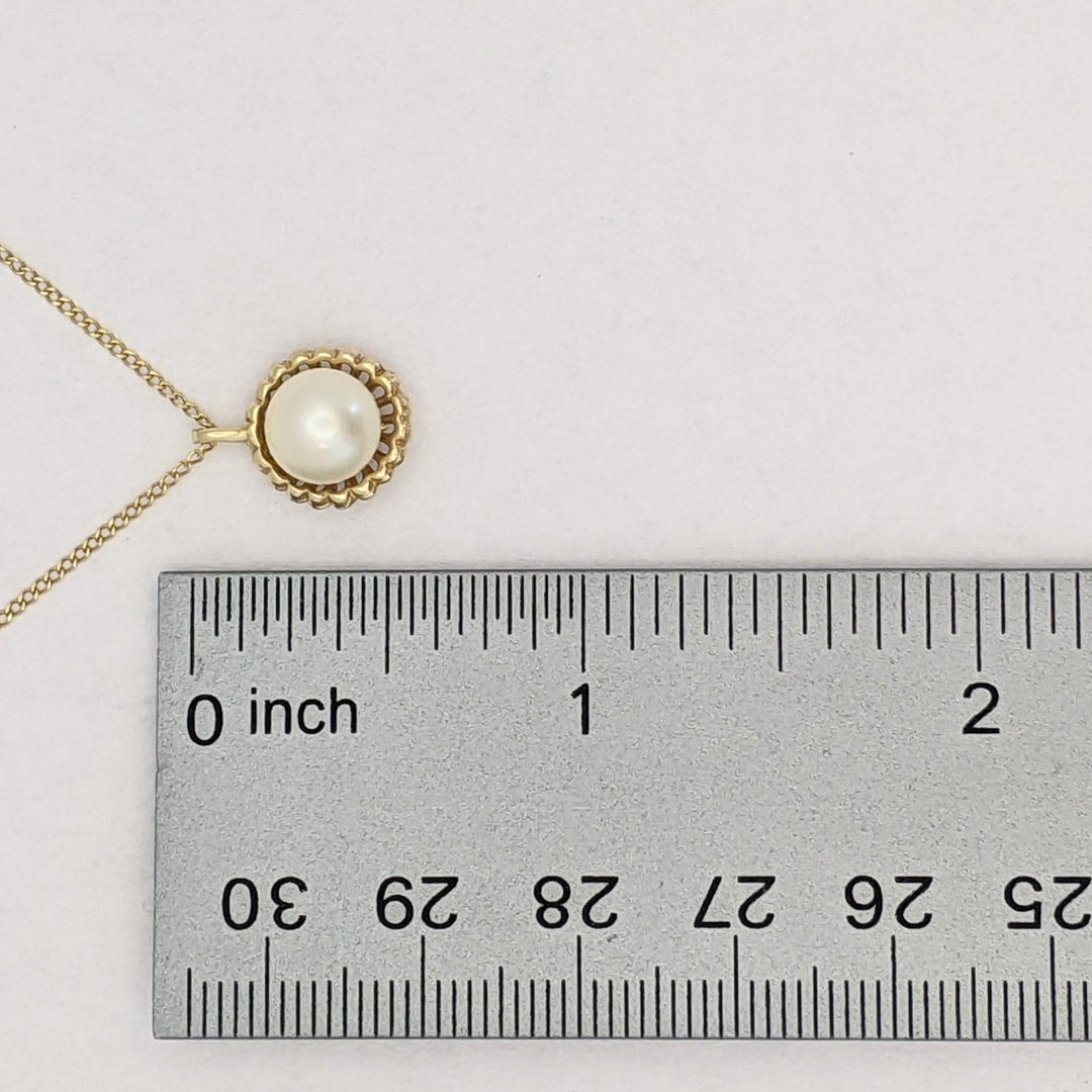 14K PEARL ROUND 7.5MM WITH GOLD TRIM ESTATE PENDANT & CHAIN 2.4 GRAMS