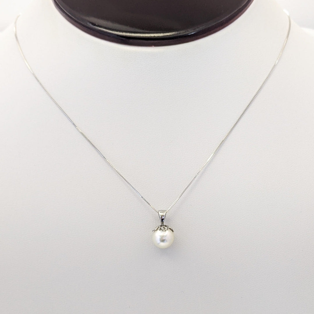 14K WHITE PEARL ROUND 8MM ESTATE PENDANT & CHAIN 1.7 GRAMS
