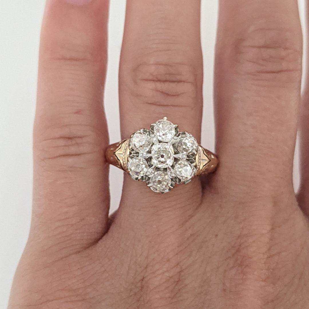 14K 1.40 CARAT TOTAL WEIGHT VS H DIAMOND ROUND (7) ESTATE FLORAL RING 7.1 GRAMS
