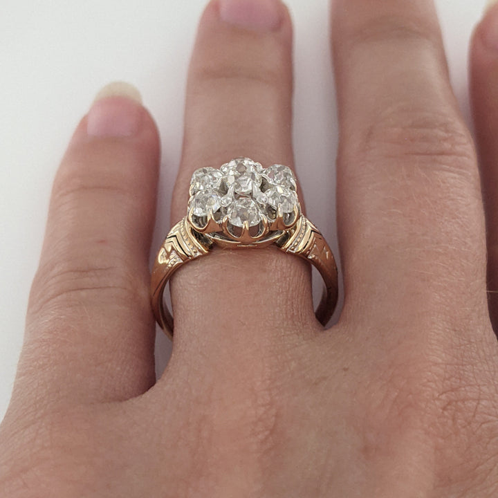 14K 1.40 CARAT TOTAL WEIGHT VS H DIAMOND ROUND (7) ESTATE FLORAL RING 7.1 GRAMS