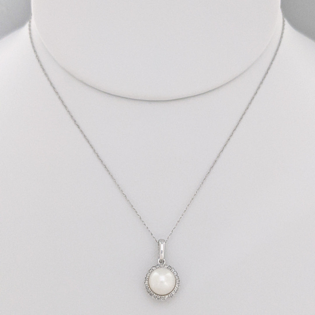 14K WHITE PEARL ROUND 7MM WITH MELEE HALO ESTATE PENDANT & CHAIN 1.9 GRAMS