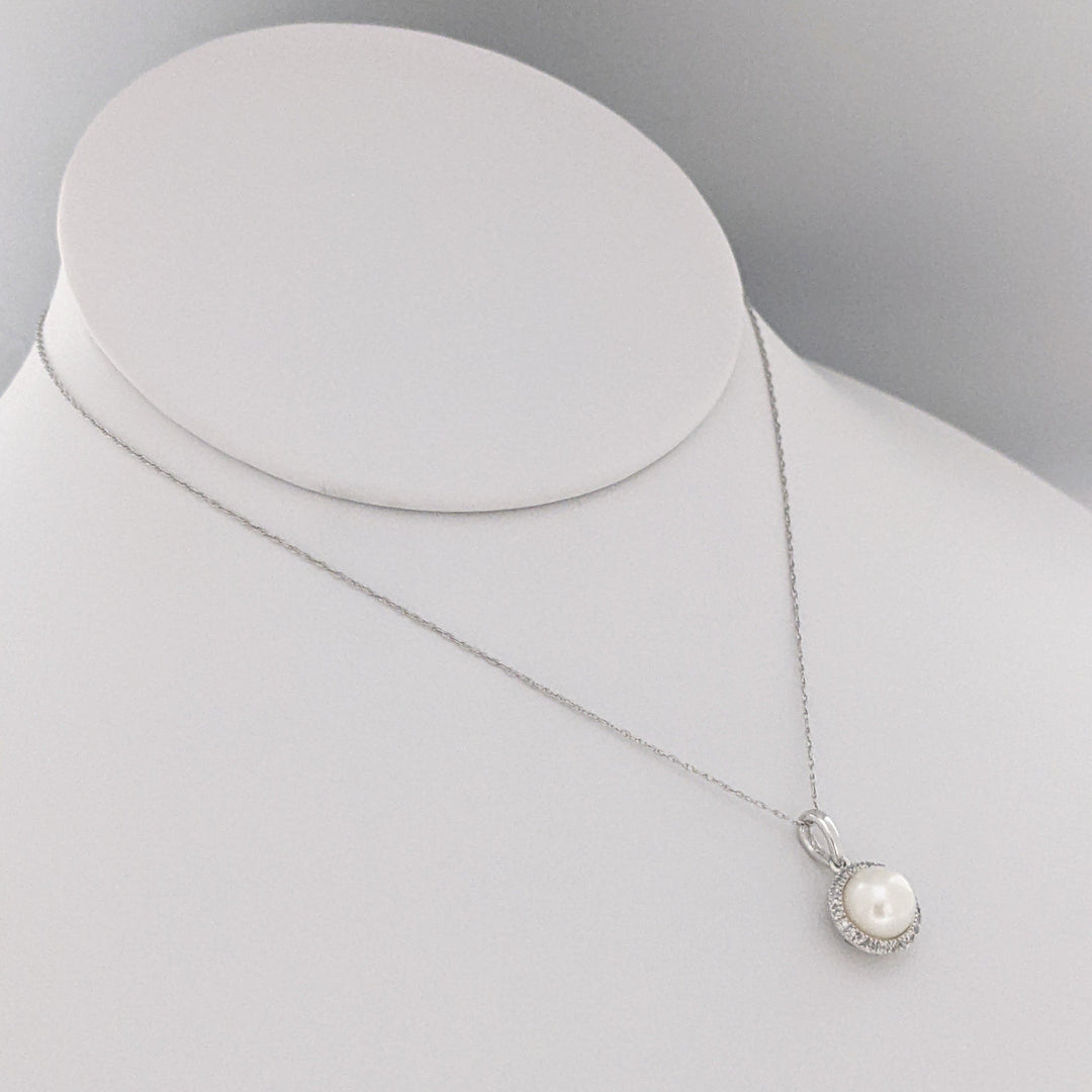 14K WHITE PEARL ROUND 7MM WITH MELEE HALO ESTATE PENDANT & CHAIN 1.9 GRAMS