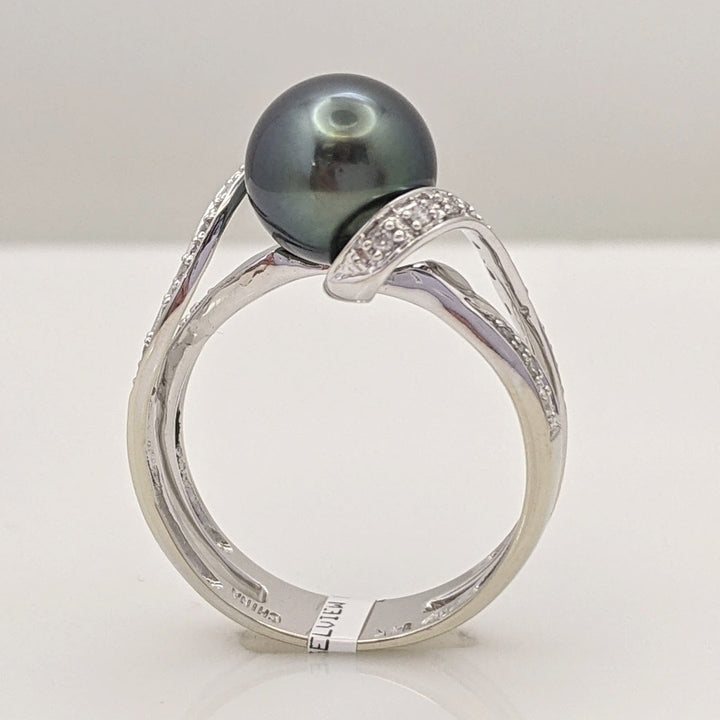 14K WHITE DYED PEARL 8.8MM ROUND WITH MELEE SWIRL ESTATE RING 4.2 GRAMS