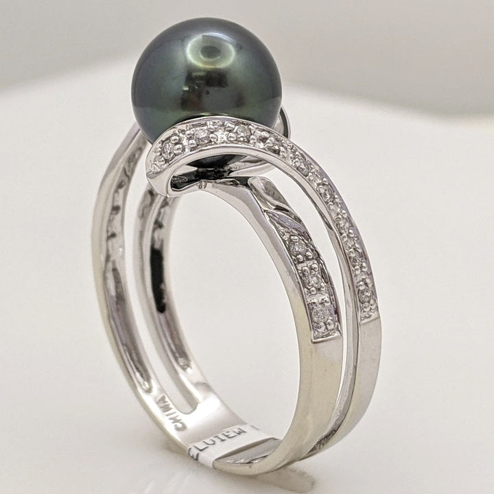 14K WHITE DYED PEARL 8.8MM ROUND WITH MELEE SWIRL ESTATE RING 4.2 GRAMS