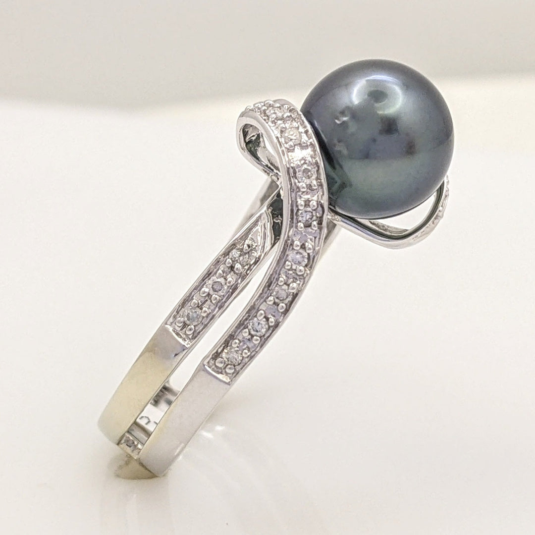 14K WHITE DYED PEARL 8.8MM ROUND WITH MELEE SWIRL ESTATE RING 4.2 GRAMS