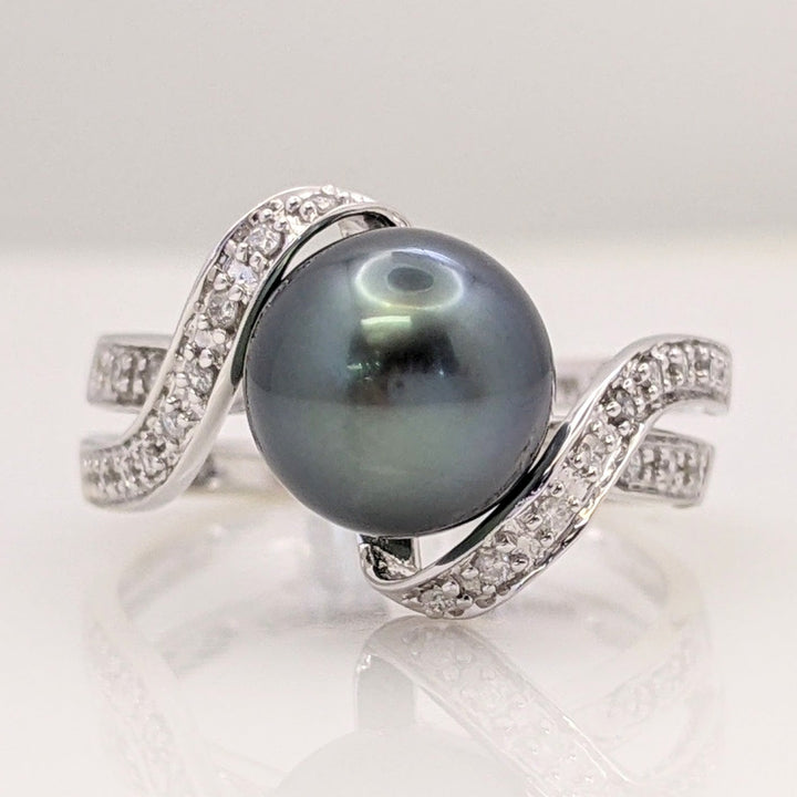 14K WHITE DYED PEARL 8.8MM ROUND WITH MELEE SWIRL ESTATE RING 4.2 GRAMS