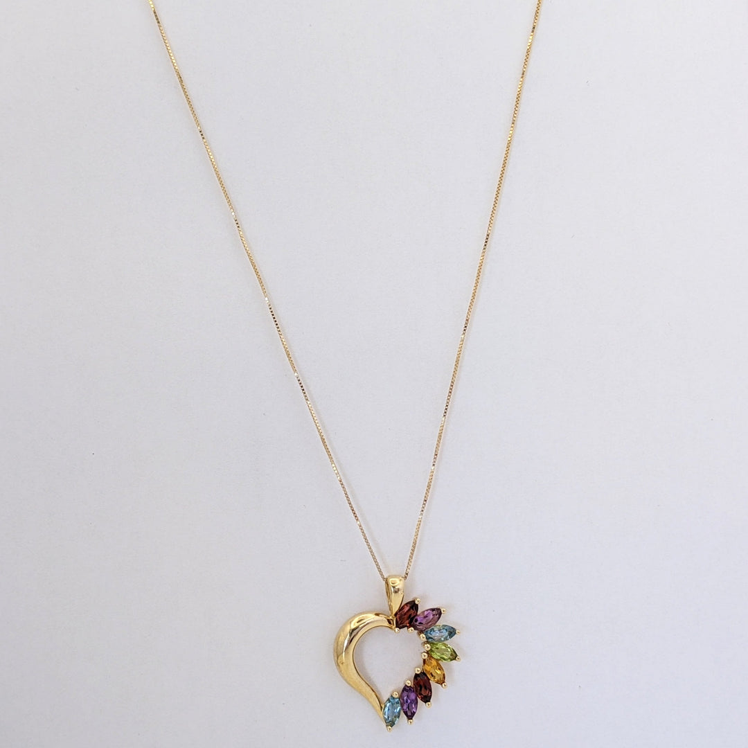 14K MULTI-GEMSTONE MARQUISE (8) 3X6 HEART DESIGN PENDANT & CHAIN 4.1 GRAMS