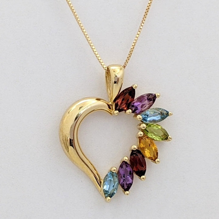 14K MULTI-GEMSTONE MARQUISE (8) 3X6 HEART DESIGN PENDANT & CHAIN 4.1 GRAMS