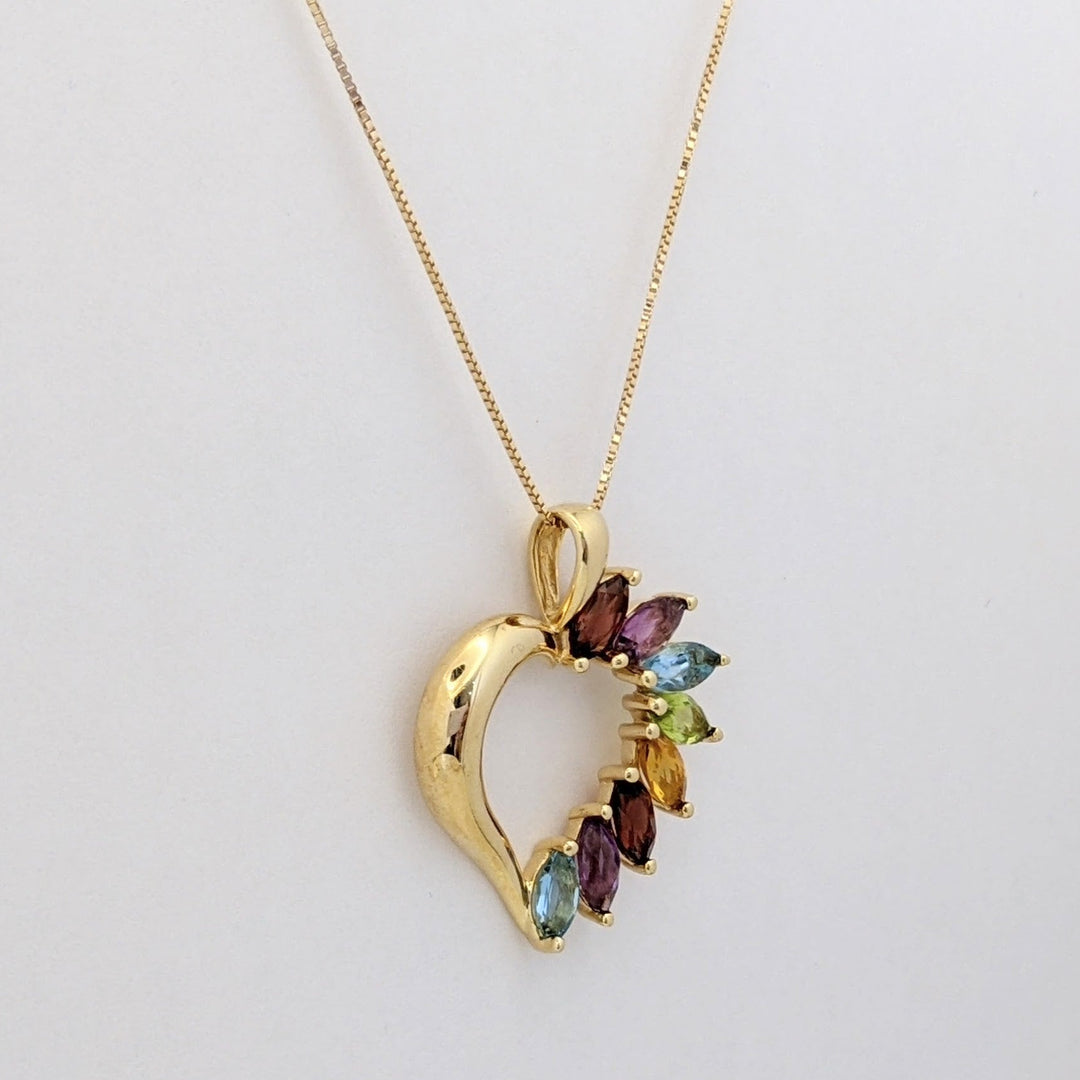 14K MULTI-GEMSTONE MARQUISE (8) 3X6 HEART DESIGN PENDANT & CHAIN 4.1 GRAMS