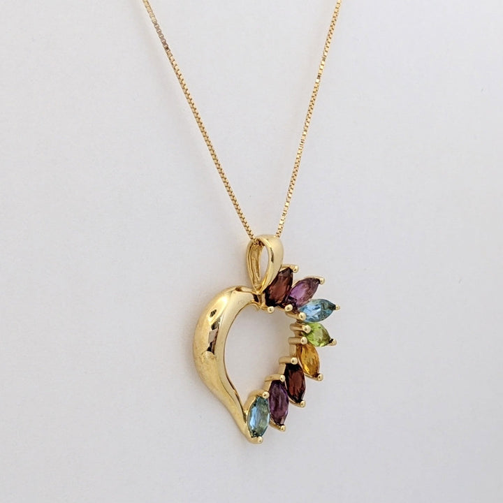 14K MULTI-GEMSTONE MARQUISE (8) 3X6 HEART DESIGN PENDANT & CHAIN 4.1 GRAMS