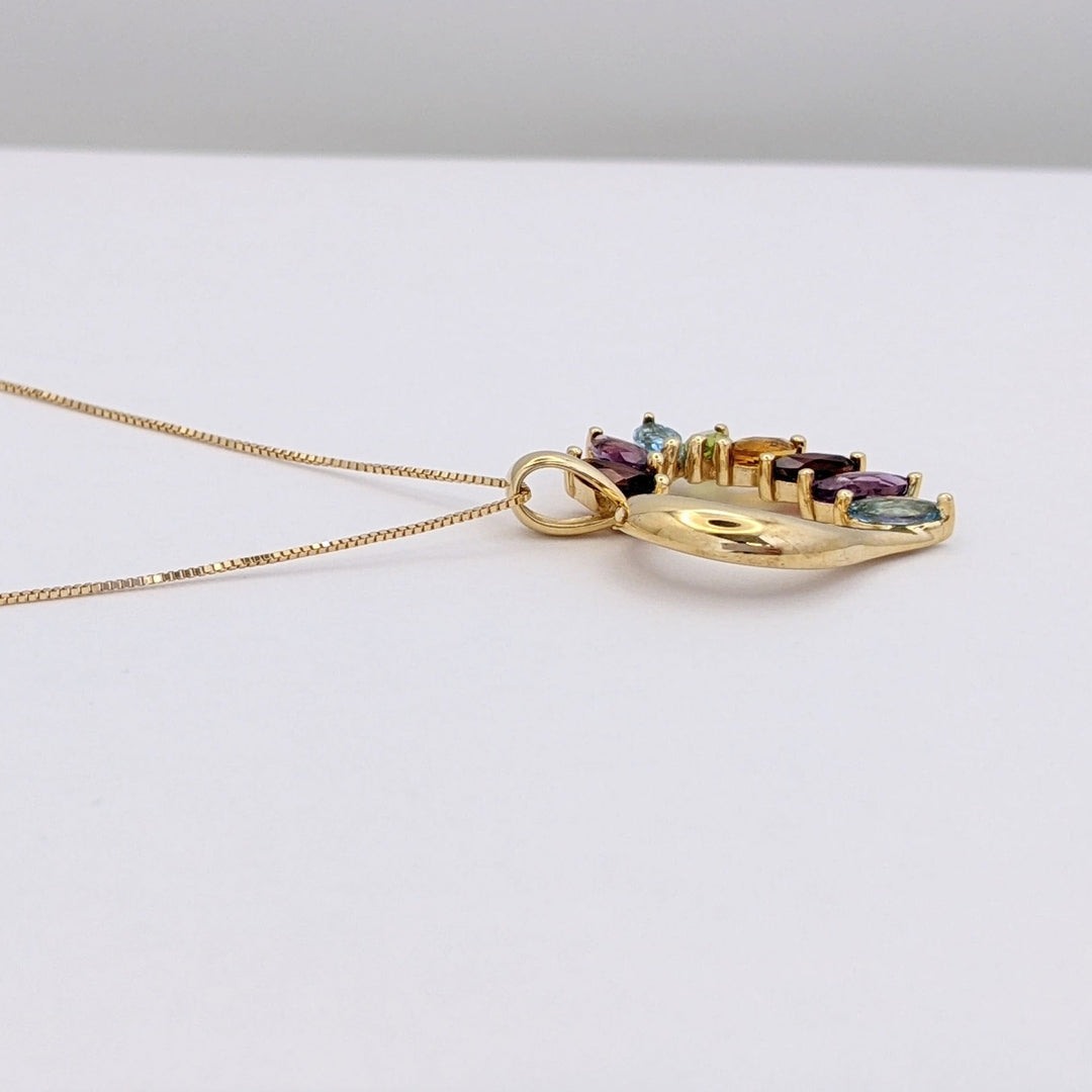 14K MULTI-GEMSTONE MARQUISE (8) 3X6 HEART DESIGN PENDANT & CHAIN 4.1 GRAMS