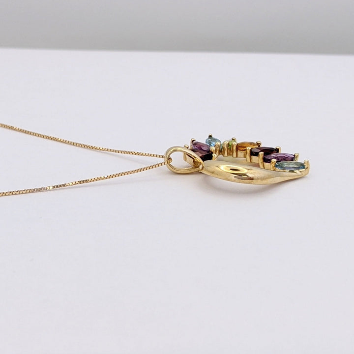 14K MULTI-GEMSTONE MARQUISE (8) 3X6 HEART DESIGN PENDANT & CHAIN 4.1 GRAMS