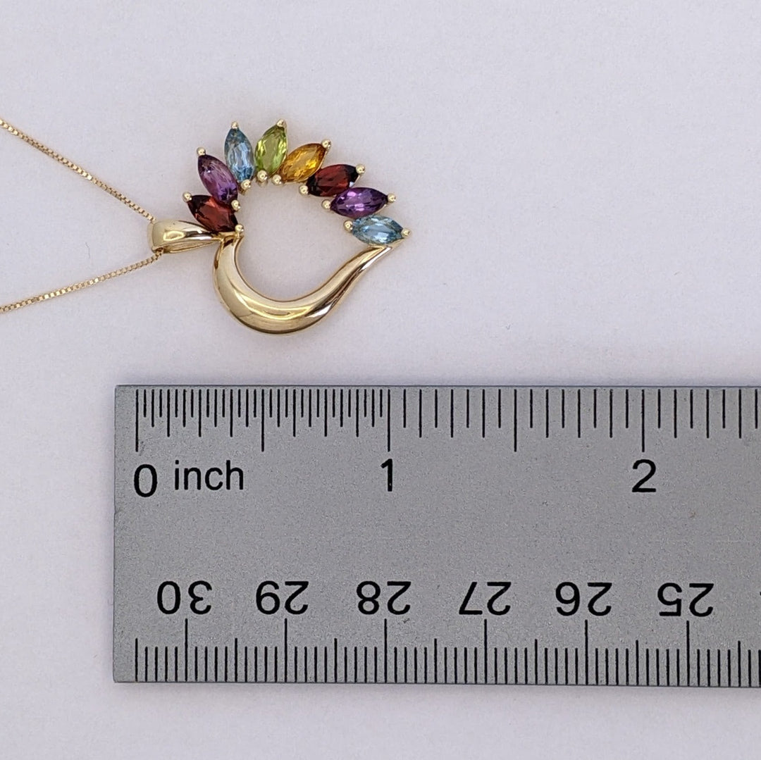 14K MULTI-GEMSTONE MARQUISE (8) 3X6 HEART DESIGN PENDANT & CHAIN 4.1 GRAMS