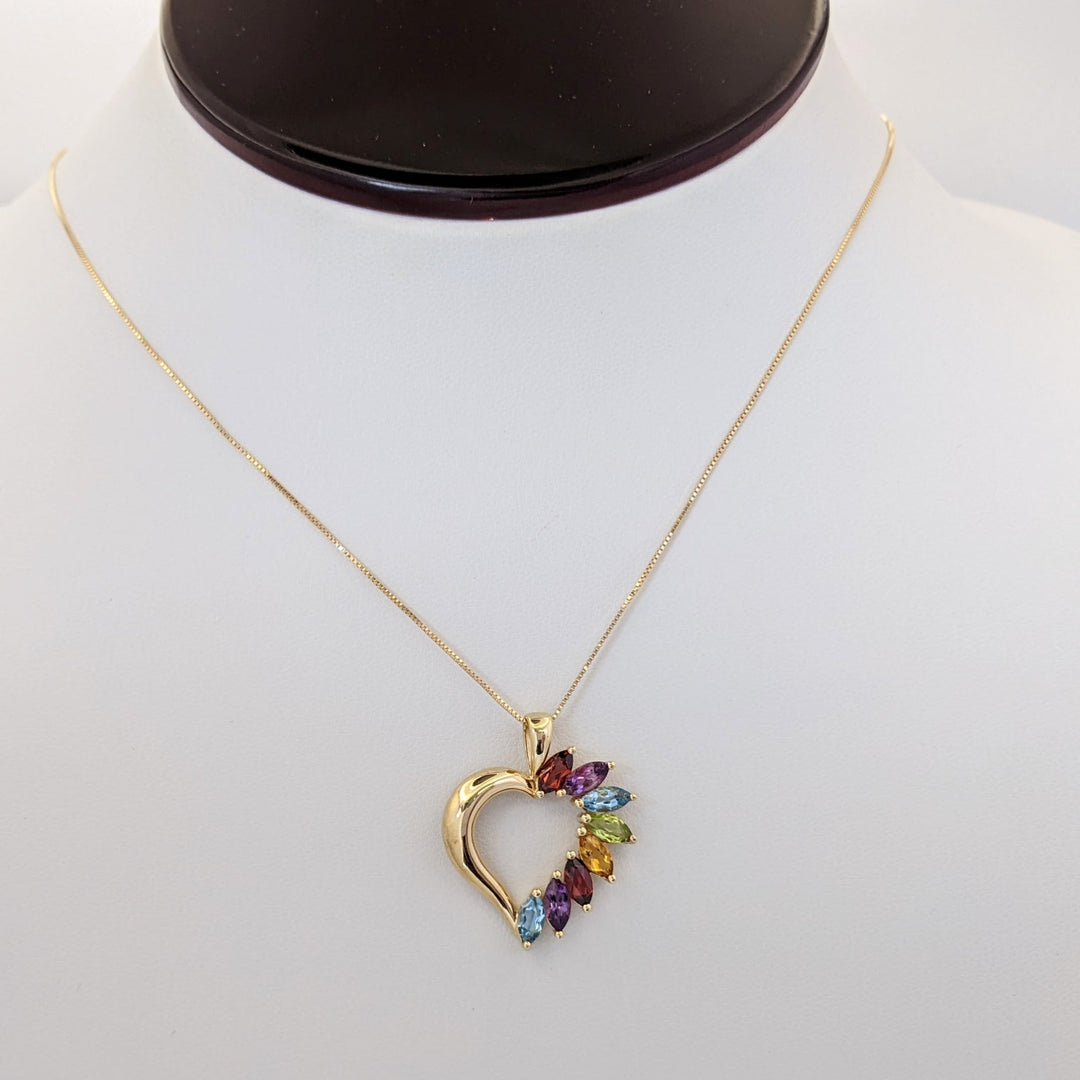 14K MULTI-GEMSTONE MARQUISE (8) 3X6 HEART DESIGN PENDANT & CHAIN 4.1 GRAMS