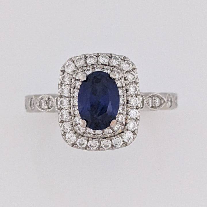 14K WHITE LAB-CREATED SAPPHIRE OVAL 5X7 WITH .67 DIAMOND TOTAL WEIGHT ESTATE RING 4.9 GRAMS