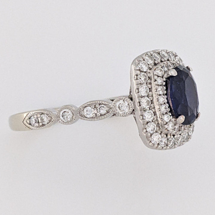 14K WHITE LAB-CREATED SAPPHIRE OVAL 5X7 WITH .67 DIAMOND TOTAL WEIGHT ESTATE RING 4.9 GRAMS